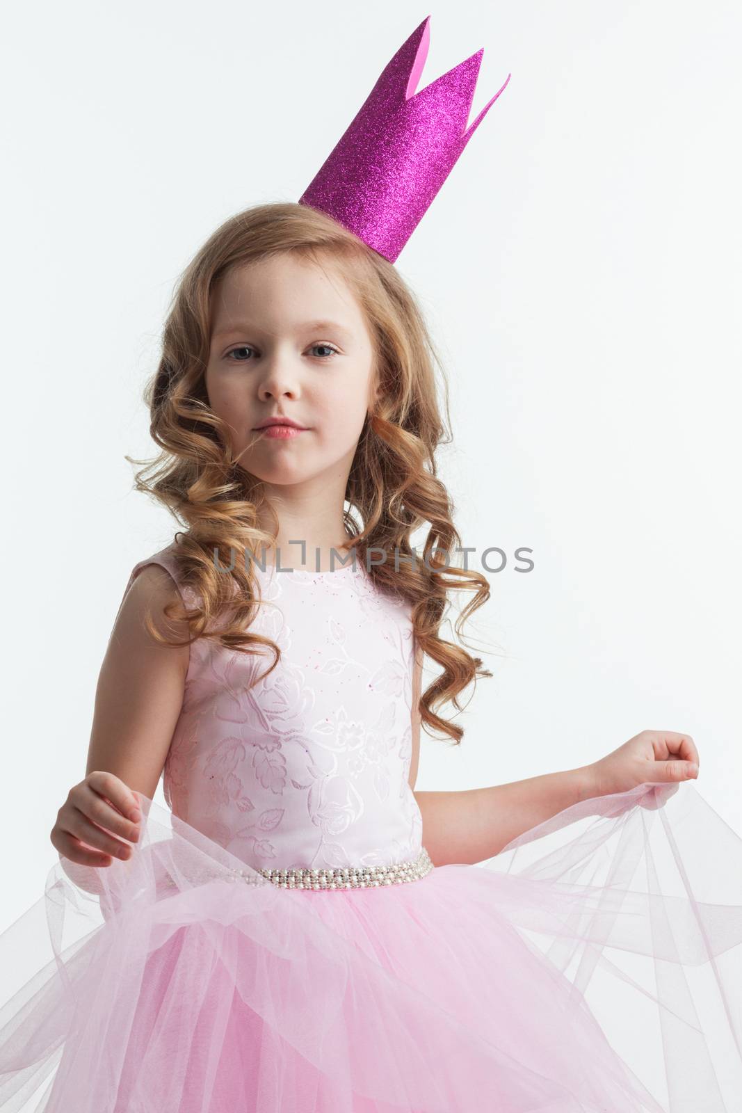 Little cute girl posing in pink halloween princess costume and crown isolated on white background