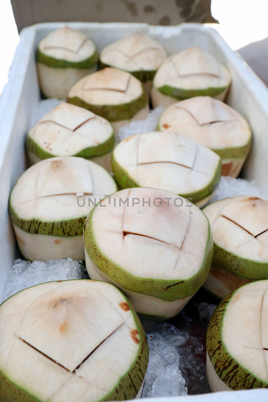 Cold fresh coconut Soak ice in a foam crate Cut openings ready to serve. Selective focus.