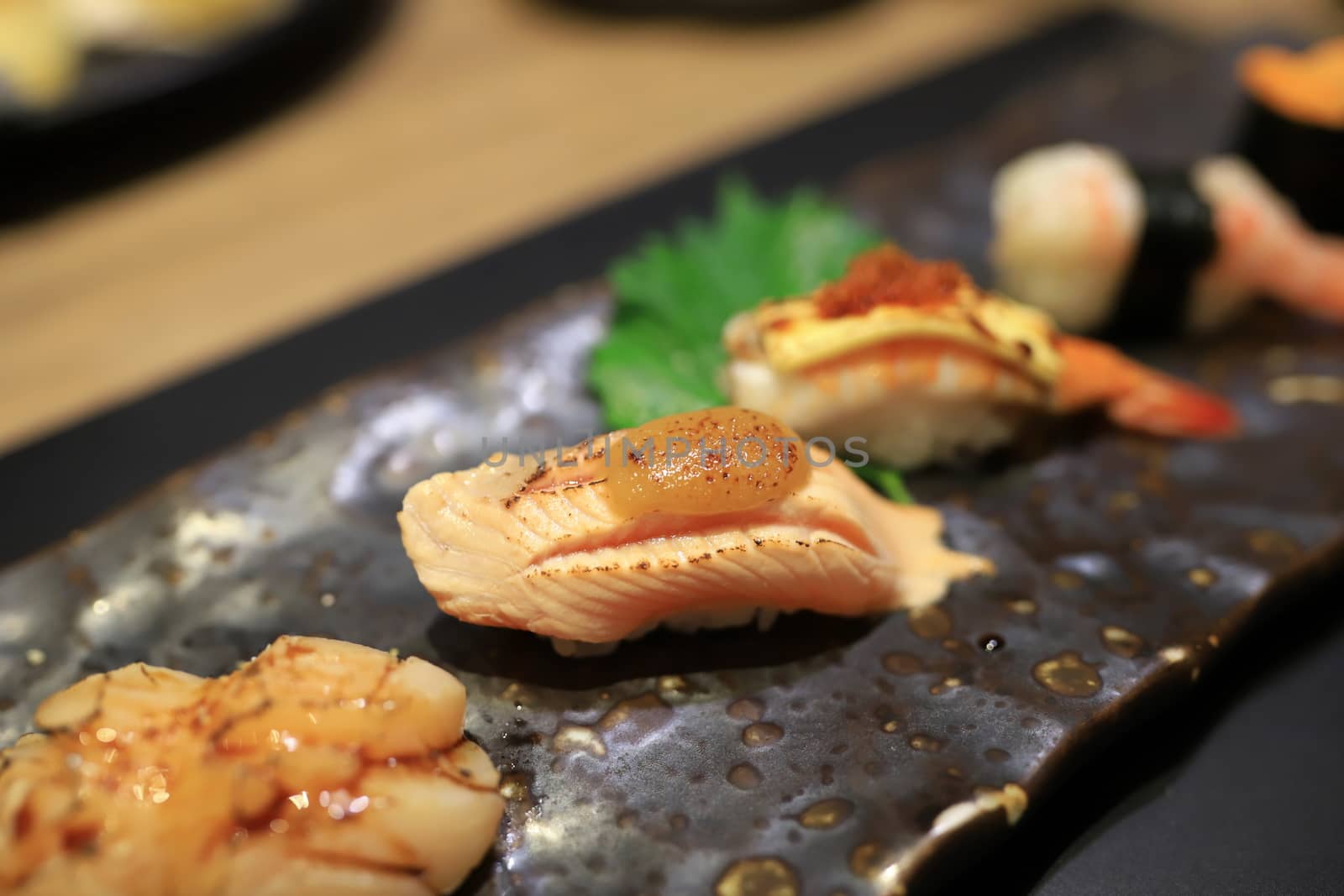 Premium salmon sushi on Japanese dish in the restaurant. Selective focus.