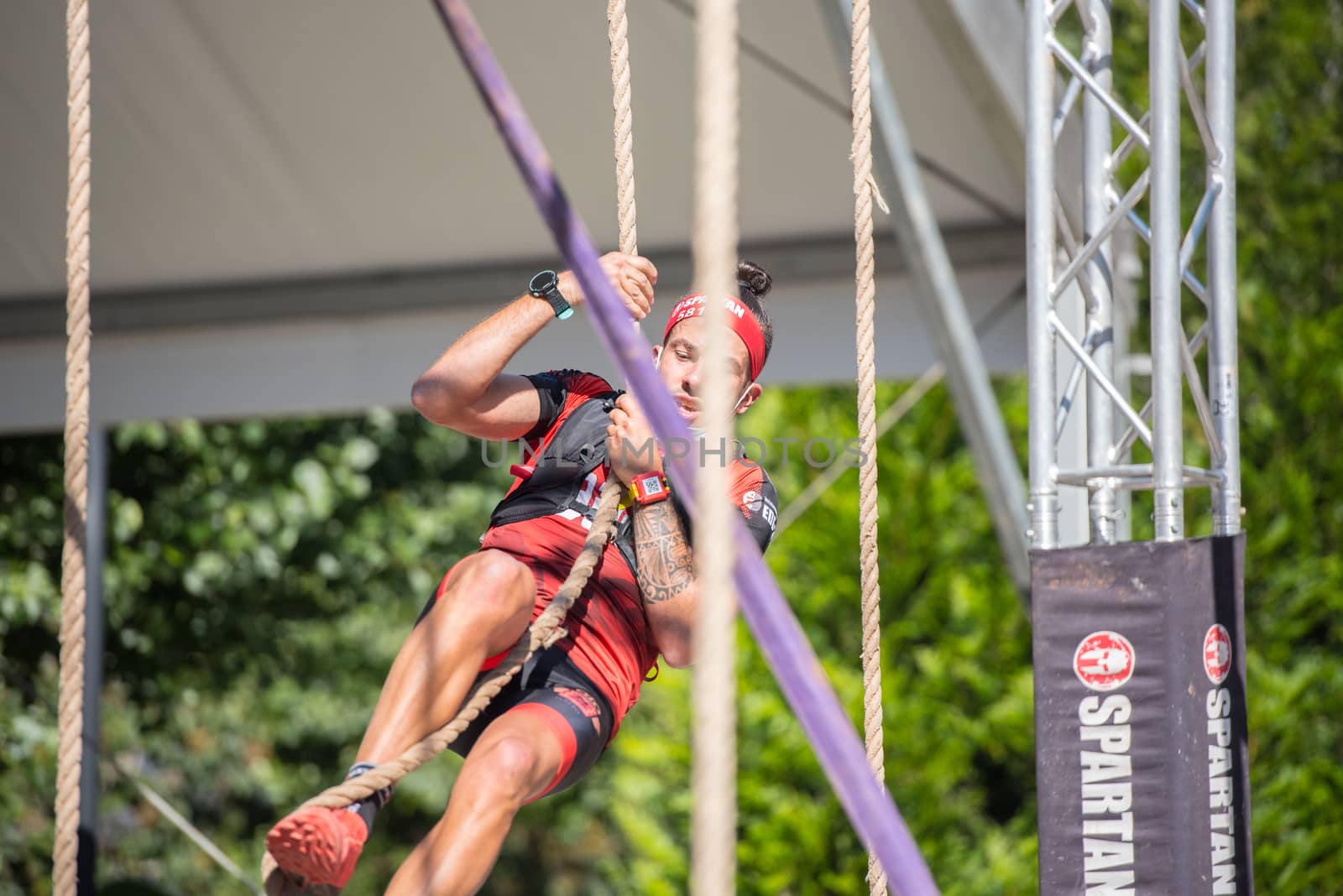 Encamp, Andorra : 2020 Sept 05 : Competitors participate in the 2020 Spartan Race obstacle racing challenge in Andorra, on september 05, 2020.