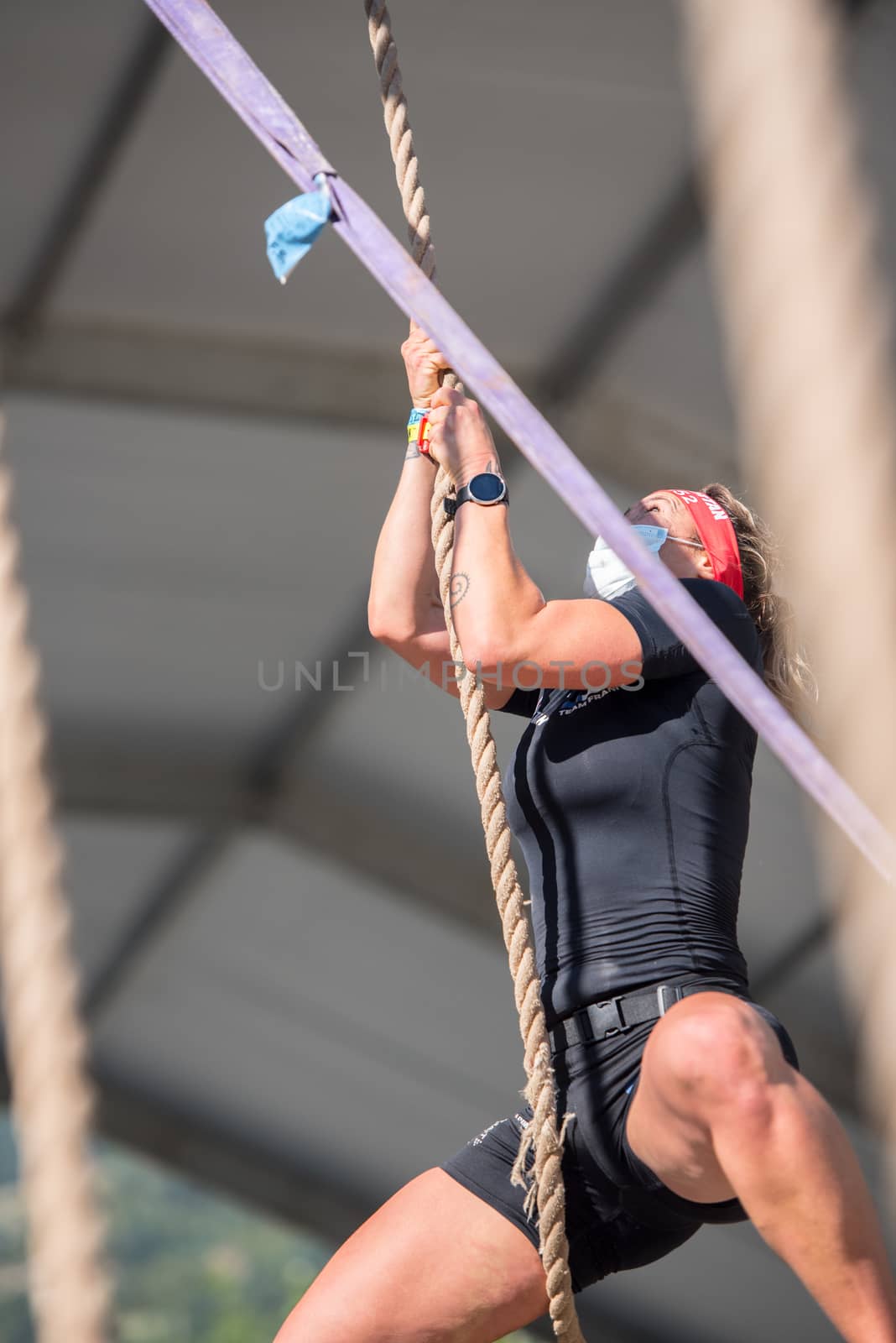 Encamp, Andorra : 2020 Sept 05 : Competitors participate in the 2020 Spartan Race obstacle racing challenge in Andorra, on september 05, 2020.