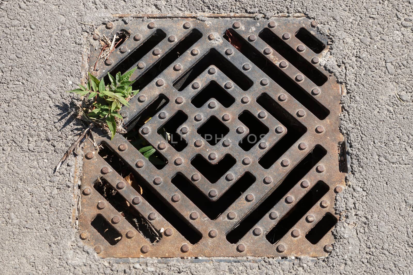 cast iron street drainage on the sidewalk