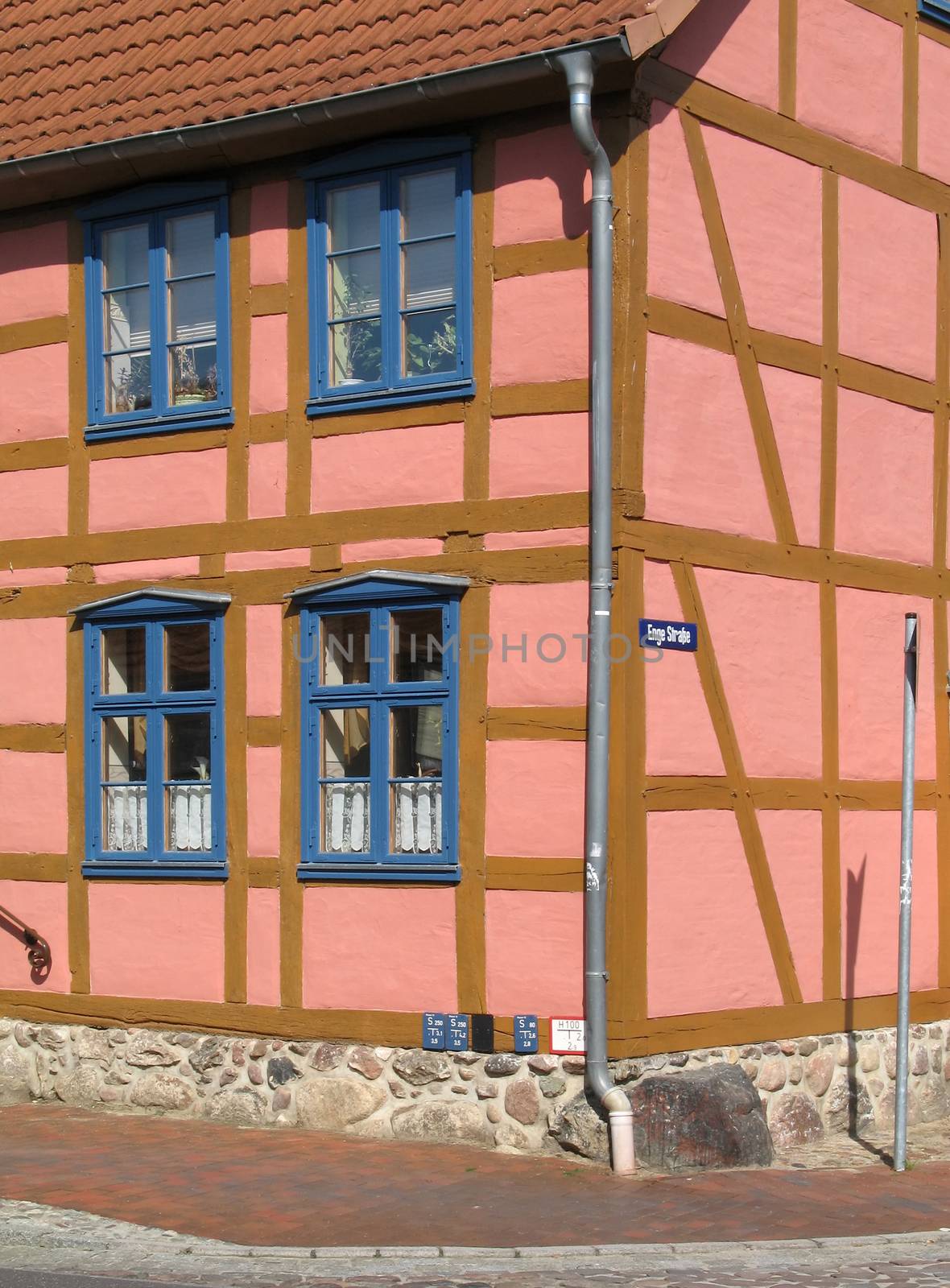 Renovated half-timbered house in Roebel, Mecklenburg-Western Pomerania, Germany.