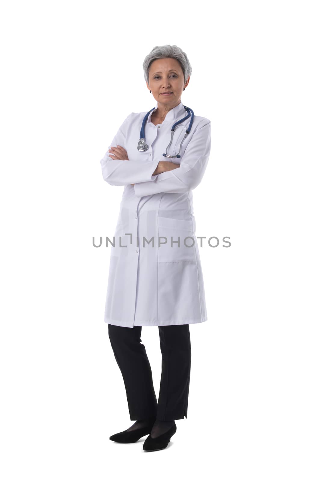 Asian mature female medical doctor with stethoscope isolated on white background, full length portrait