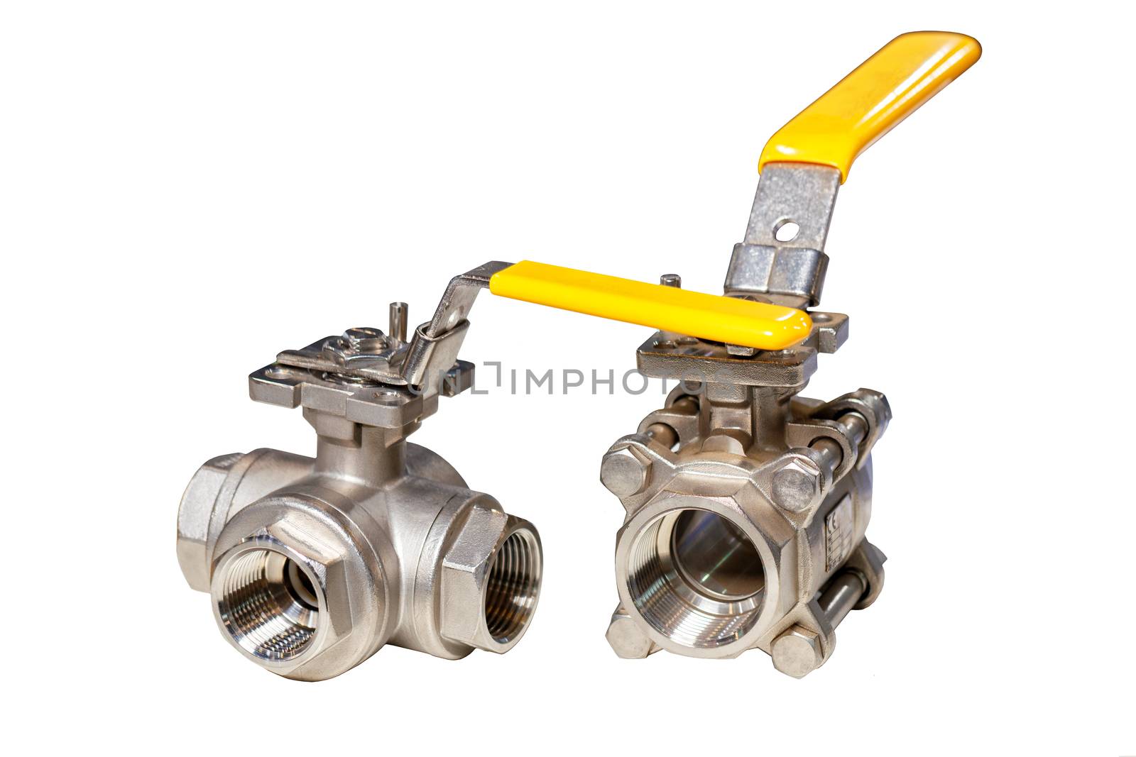 Water valve set, metal shut-off valves and tees for plumbing pipe connections, isolated on white background.