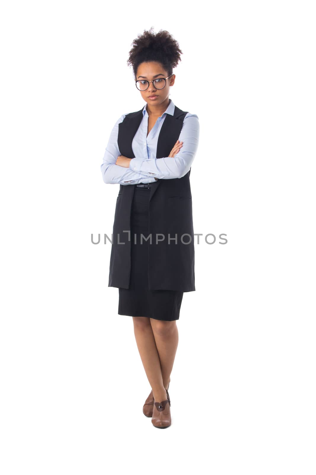 Friendly ethnic black business woman in formal wear in eyeglasses isolated on white background, full length portrait