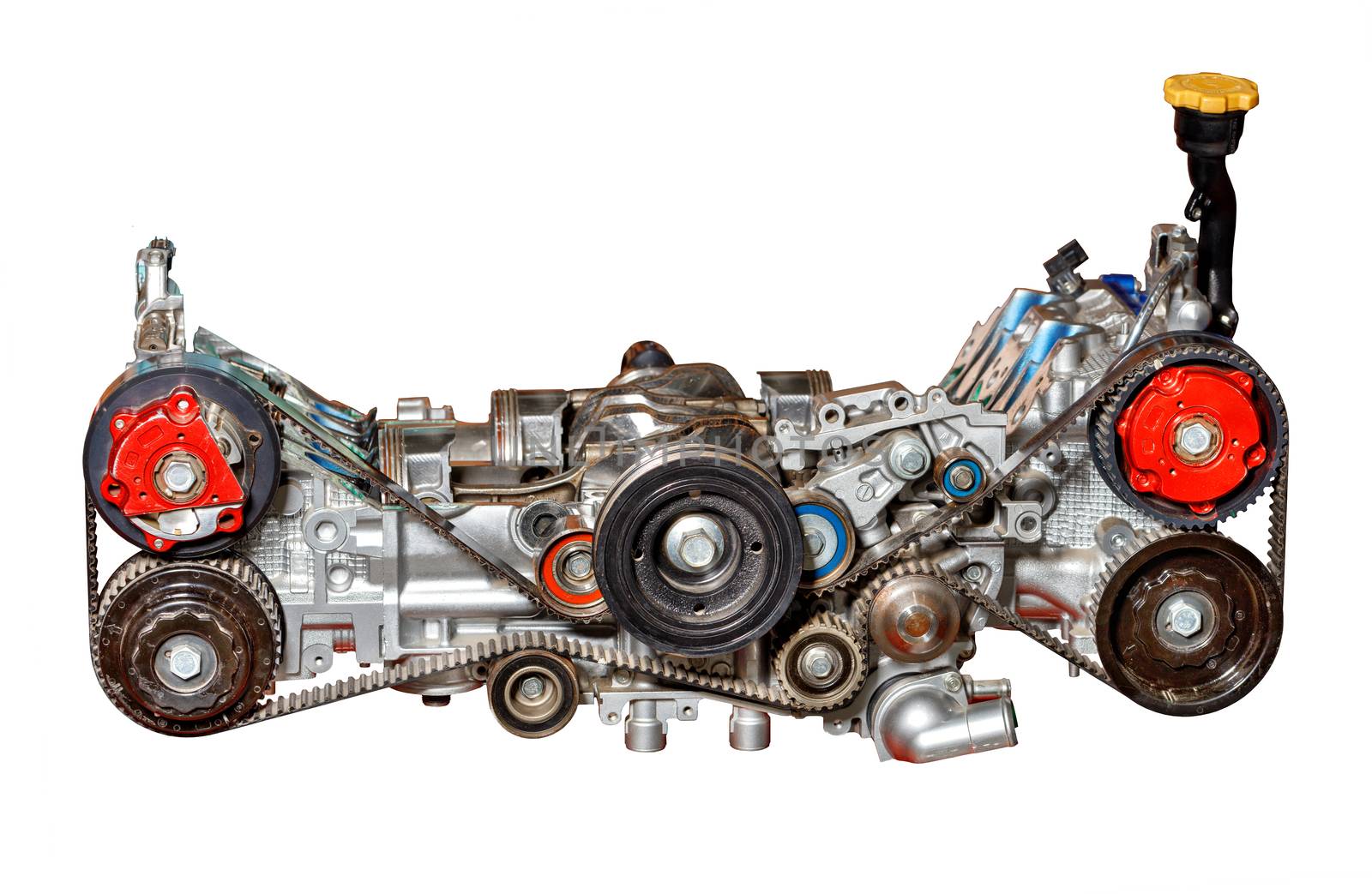 The stand shows the worn-out internal combustion engine of a modern automobile, image isolated on white background. Internal combustion engine. Car motor. Auto parts.
