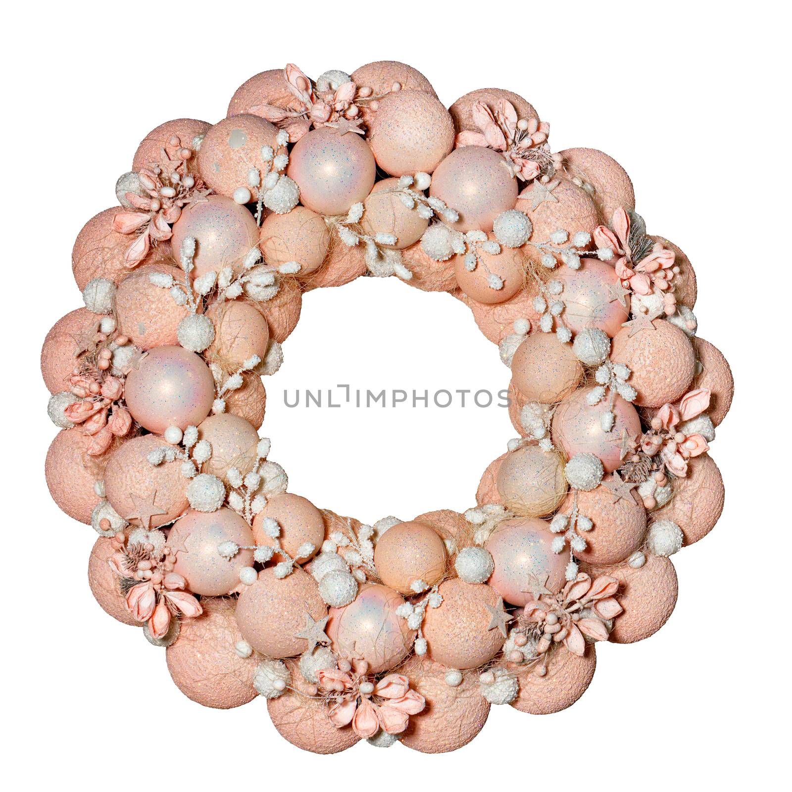 Christmas wreath with decorative balls, flowers and stars in pink and beige pastel colors. Christmas greeting illustration. The image is isolated on a white background.