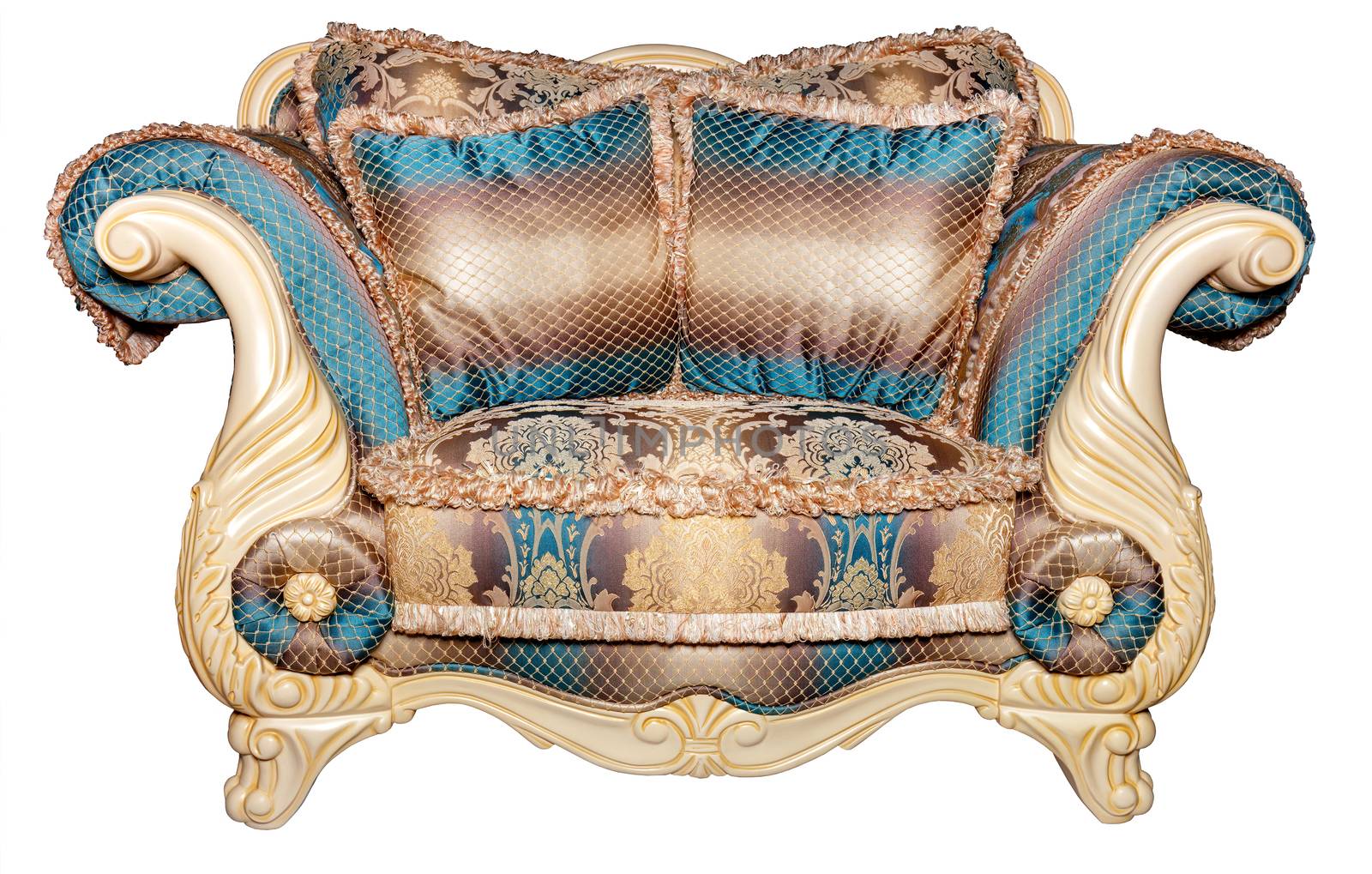 Luxurious sofa for two, upholstered in an expensive brocade textile fabric, isolated on a white background. by Sergii