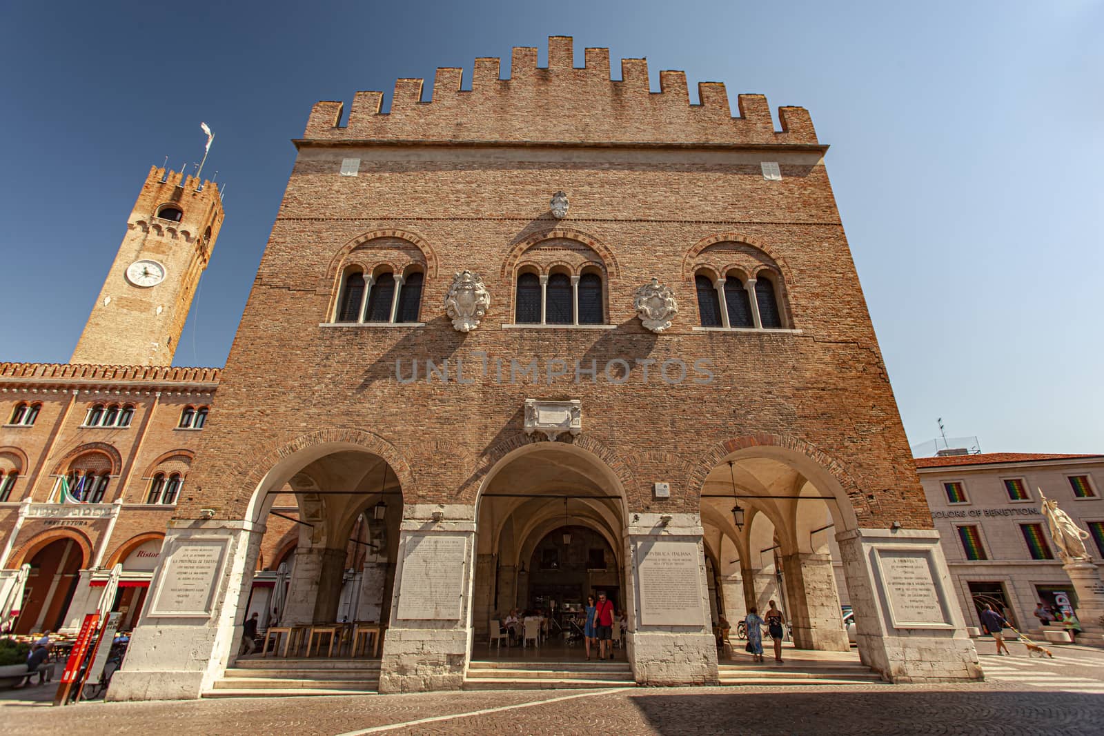 TREVISO, ITALY 13 AUGUST 2020: Trecento Palace detail in Treviso in Italy in a sunny day