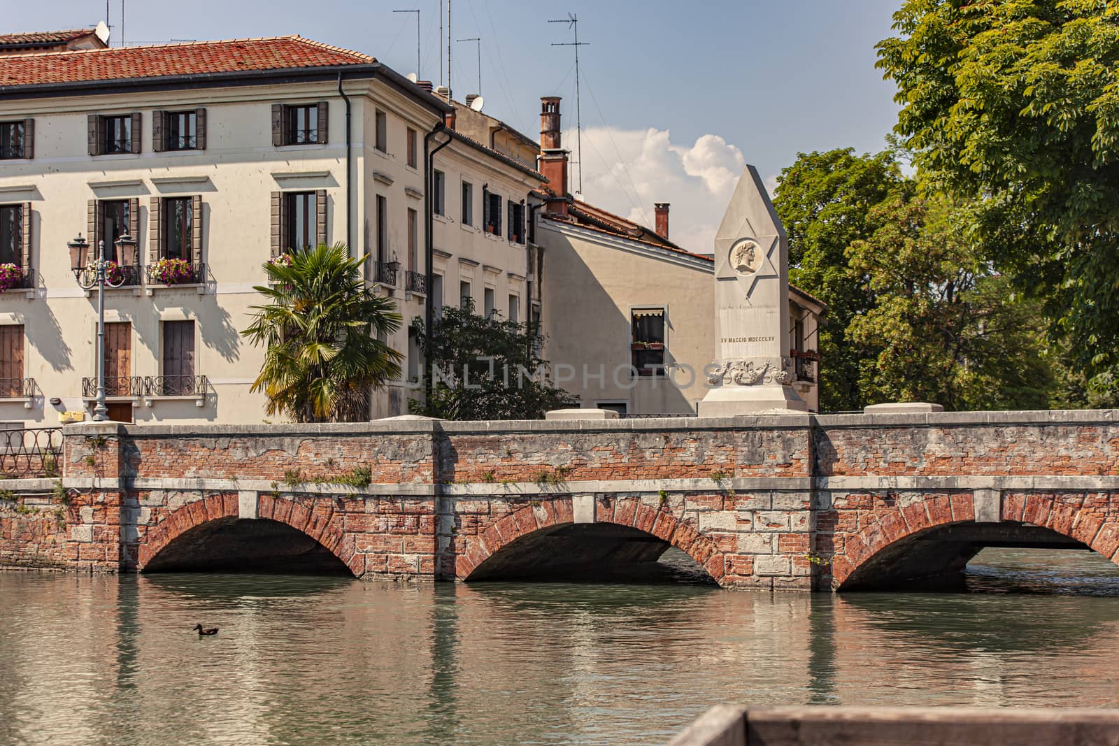 TREVISO, ITALY 13 AUGUST 2020: Buranelli canal view in Treviso in Italy in a sunny day