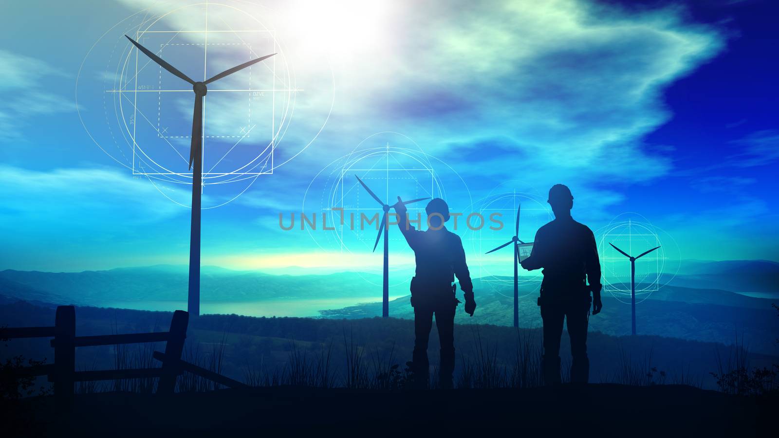 Two silhouettes of engineers designing the construction of wind farms on the ground.