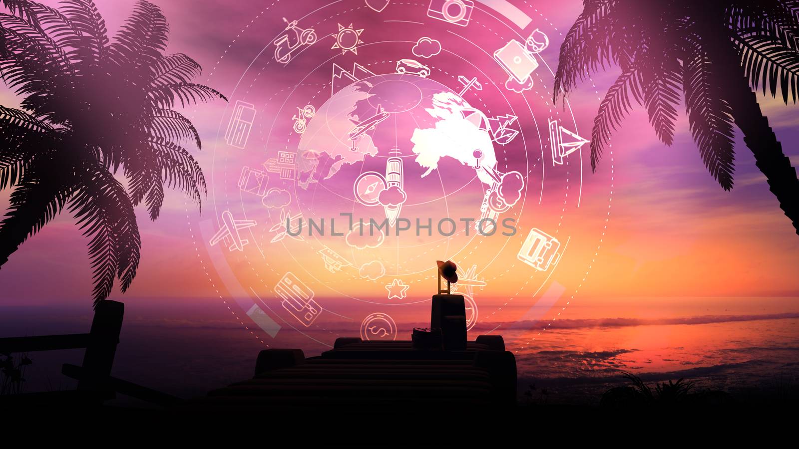 Lonely suitcase on a tropical sunset background and infographics. by ConceptCafe