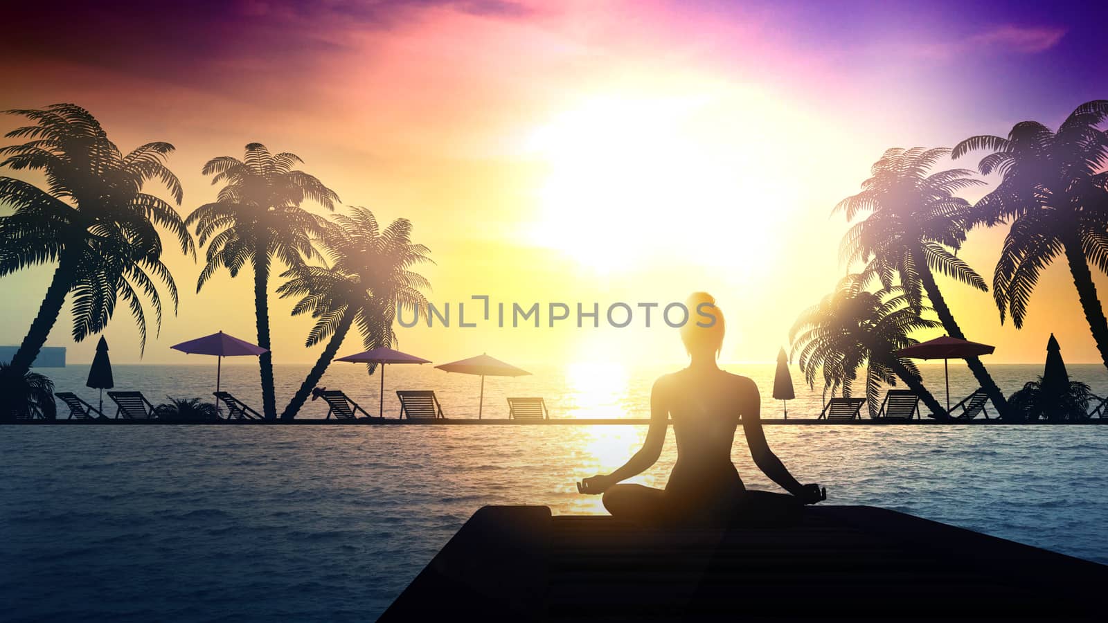 Meditating woman on a tropical sunset background. by ConceptCafe