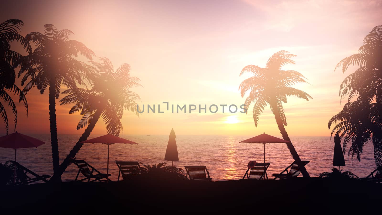 Empty beach resort area on the ocean during sunset.