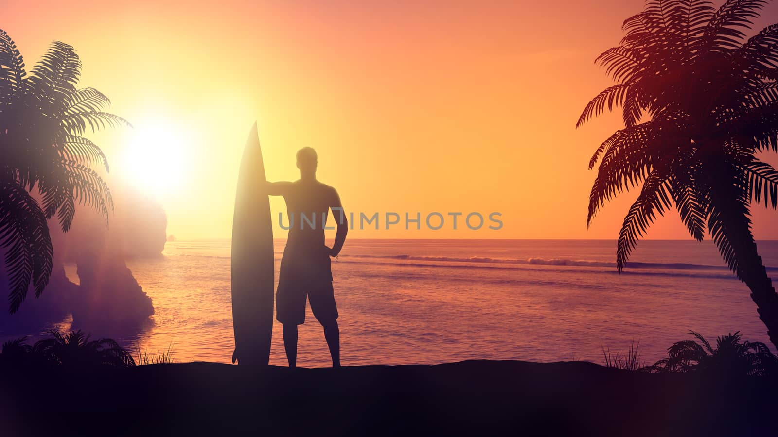 Silhouette of a surfer with a board on a sunset background.