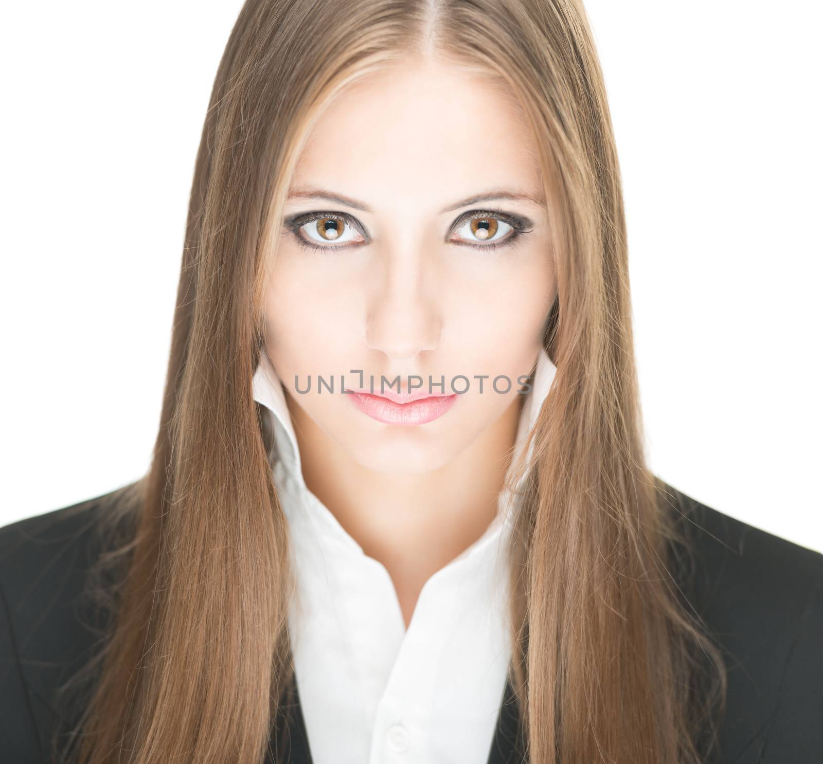 Portrait of stylish beautiful girl with long hair and bright make-up isolated on white background. Young business woman in black jacket and white blouse with raised collar looking serious and sexy.