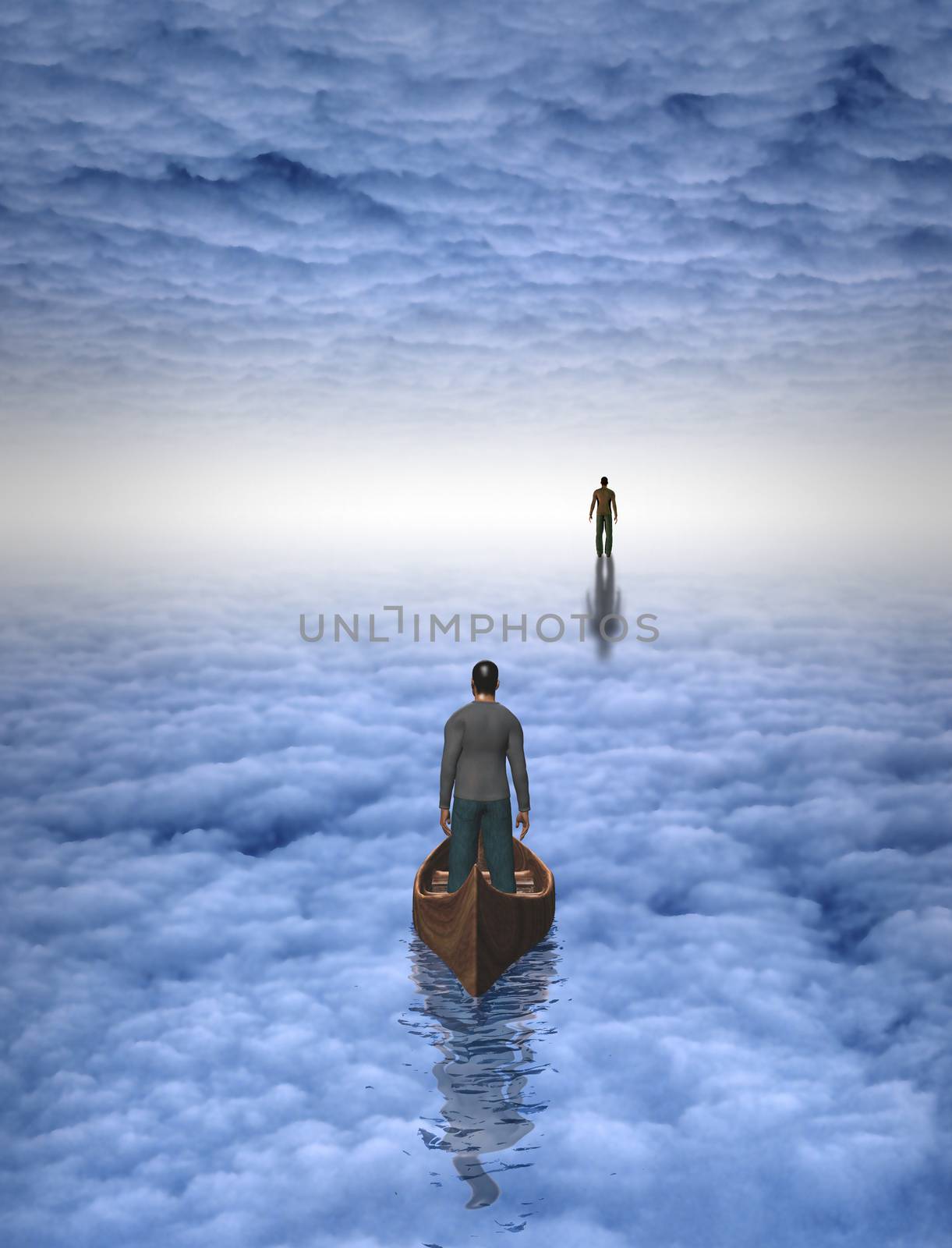 Figure of man before bright light. Man in a boat. 3D rendering