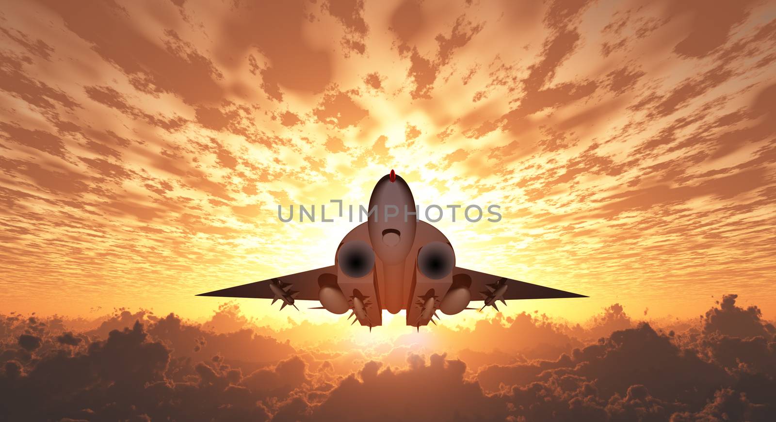 Military Jet in Flight Sunrise or sunset. 3D rendering
