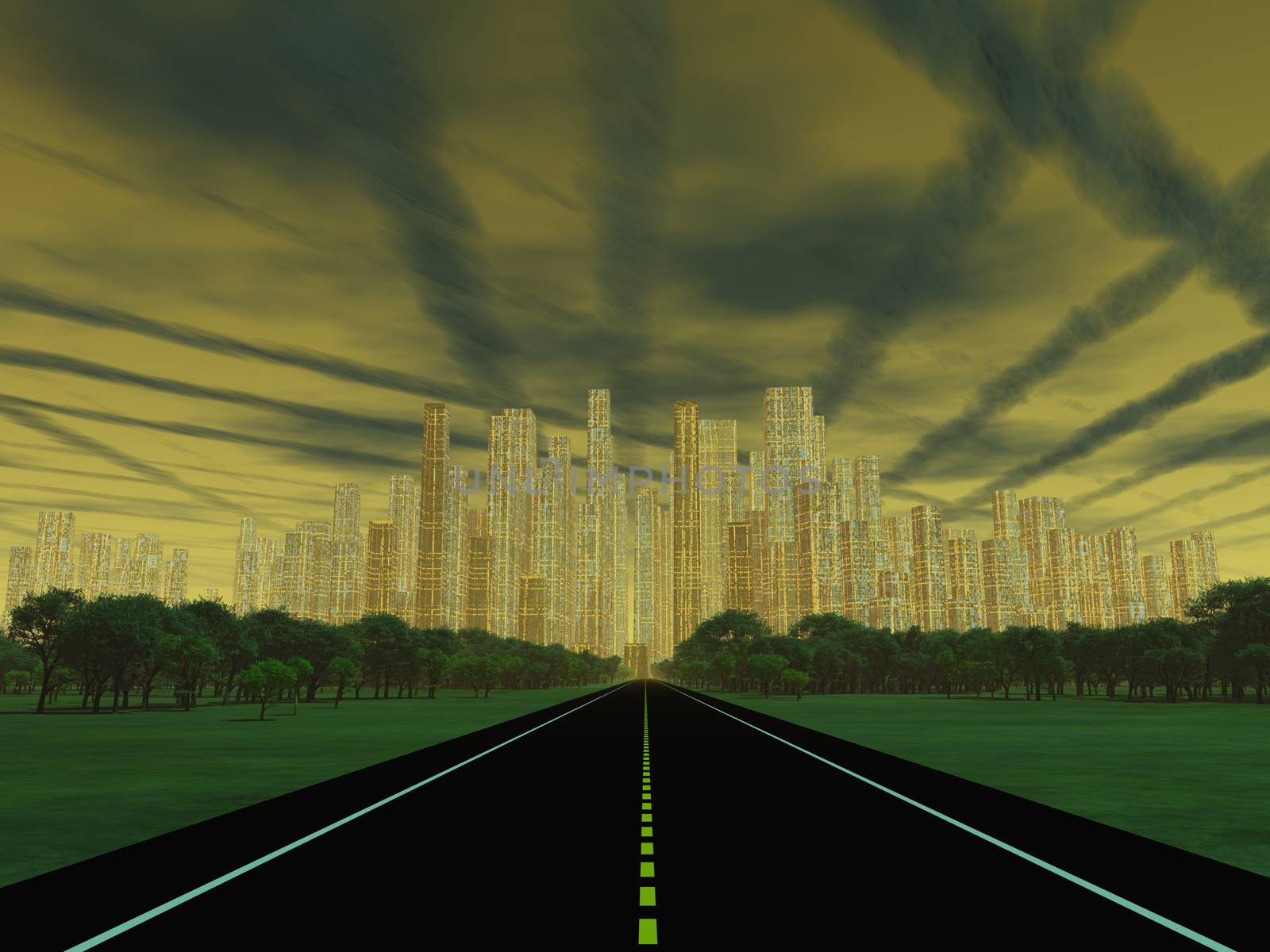 Road to city under alien sky. 3D rendering