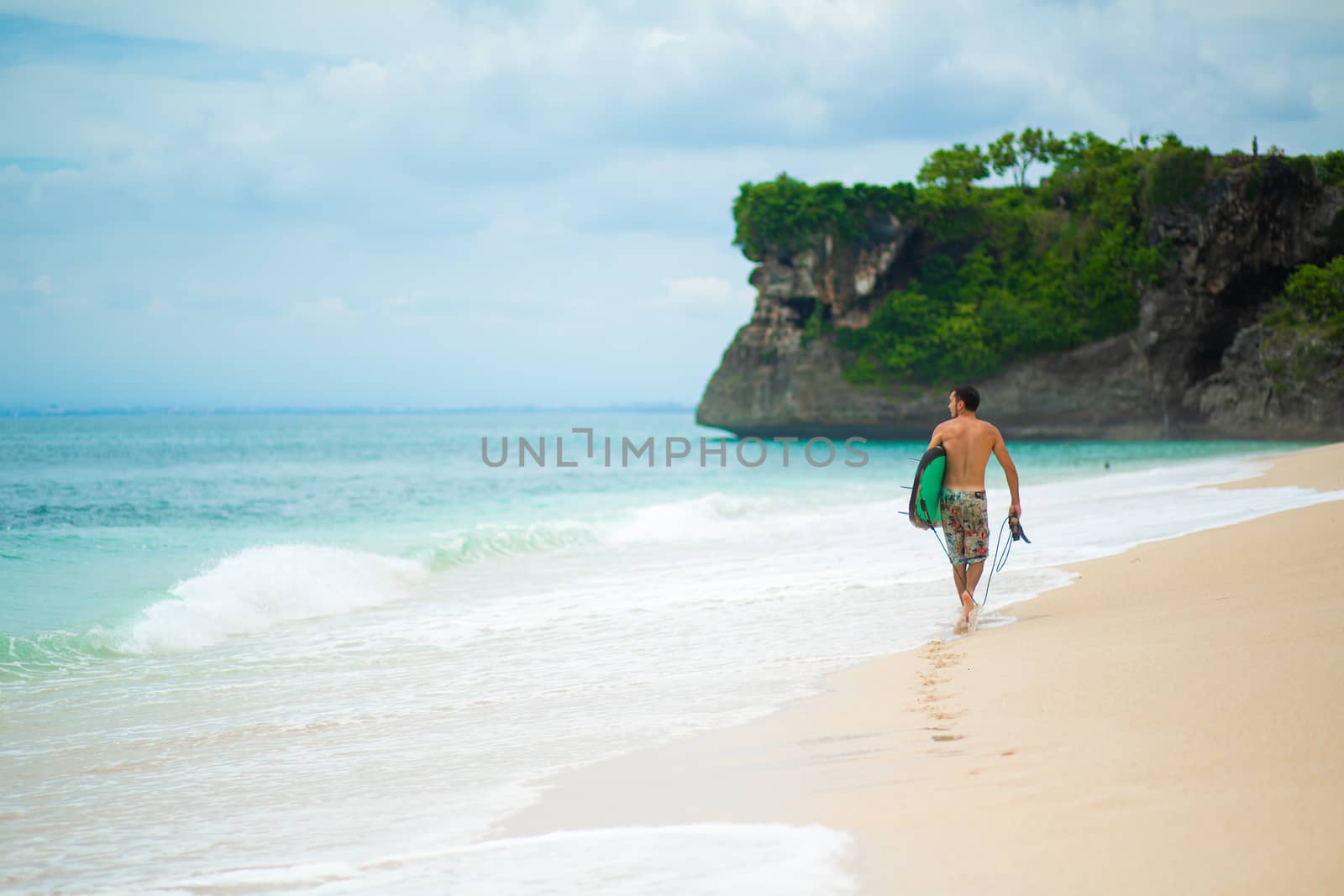 Surfer. Surfing Man With Surfboard Walking On Sandy tropical Beach. Healthy Lifestyle, water activities, Water Sport. Beautiful Ocean. by Try_my_best