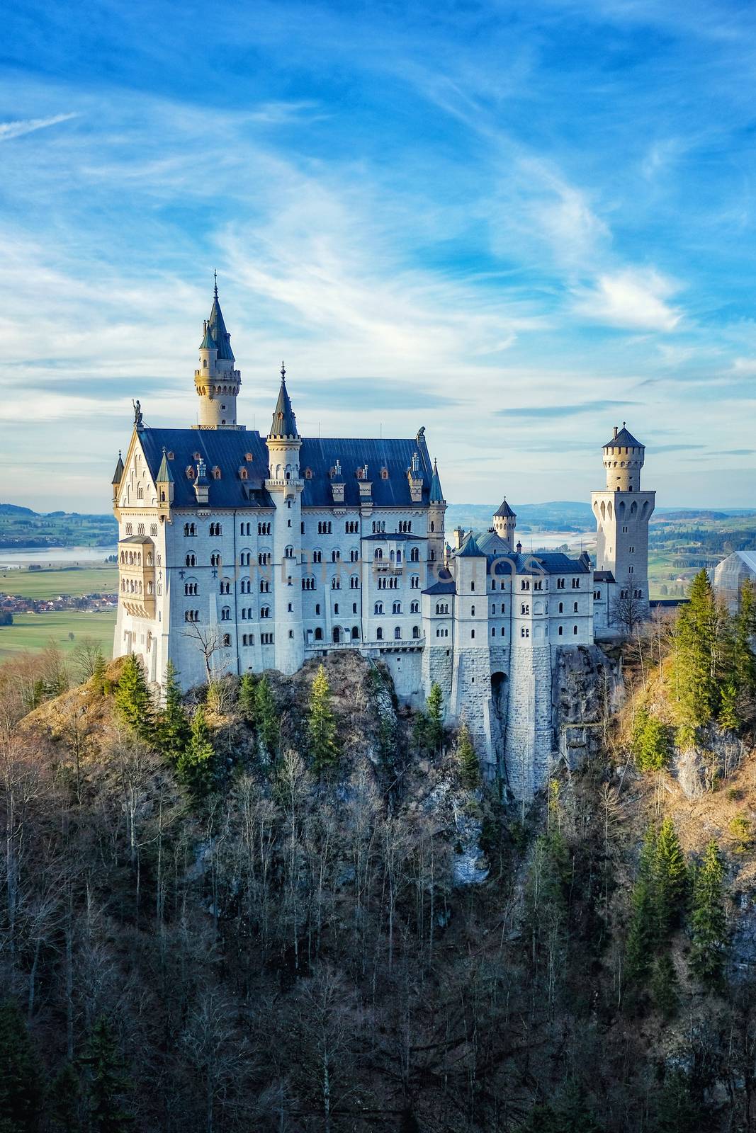 Beautiful view of world-famous Neuschwanstein Castle built for King Ludwig II on a rugged cliff near Fussen, southwest Bavaria, Germany