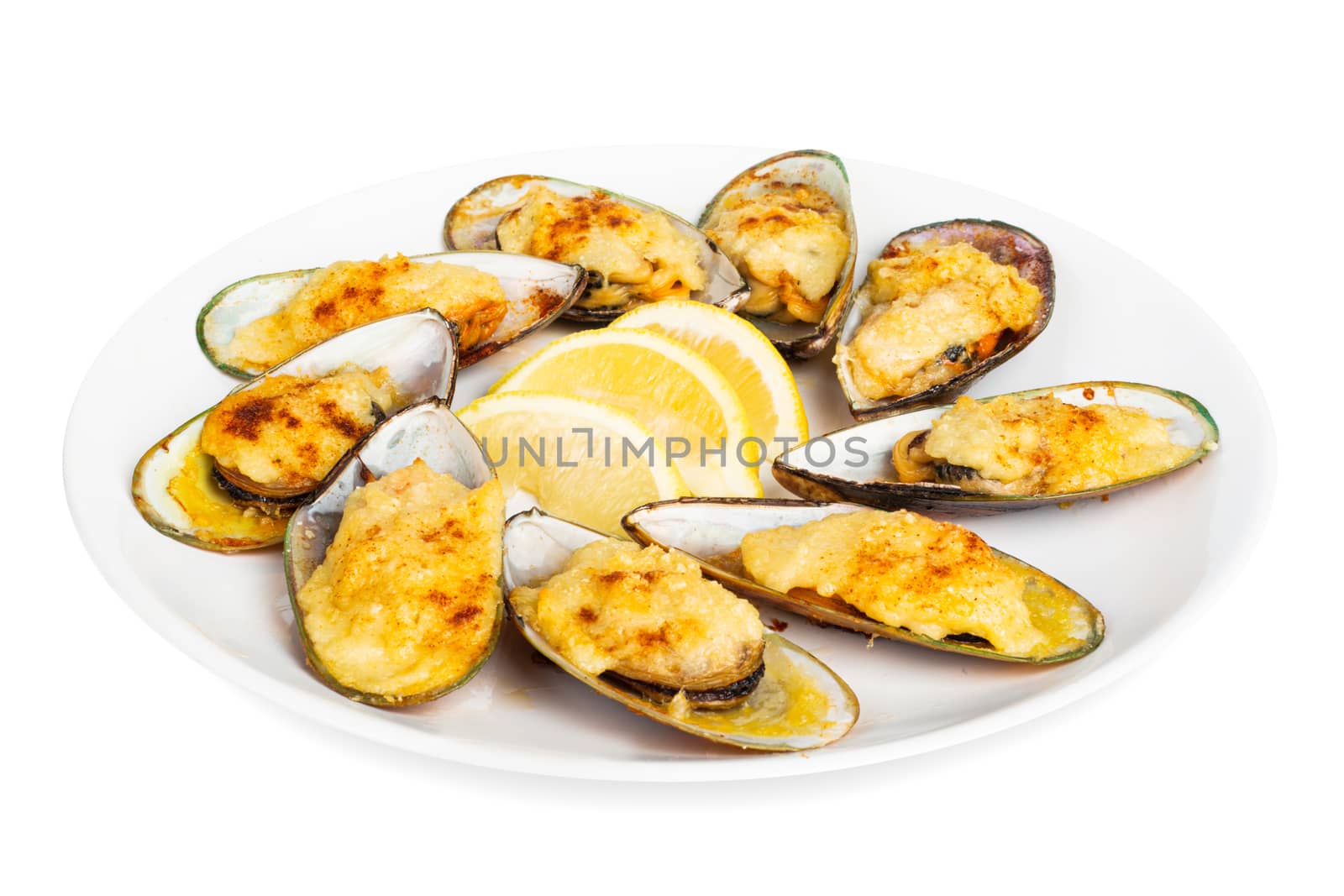 Seafood. Mussel clams. Baked greenshell mussels with tomato and cheese and lemon on plate isolated on white background