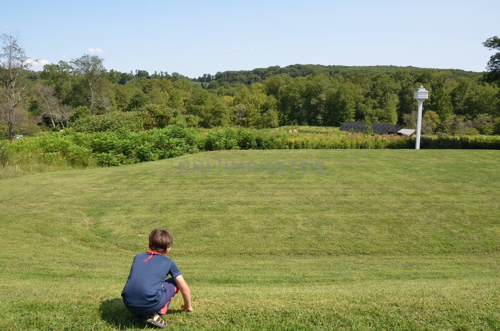 boy child rolling down a grass hill or lawn