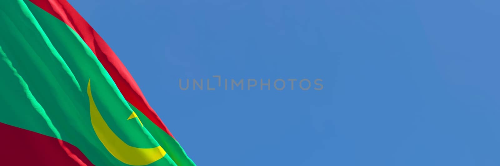 3D rendering of the national flag of Mauritania waving in the wind against a blue sky