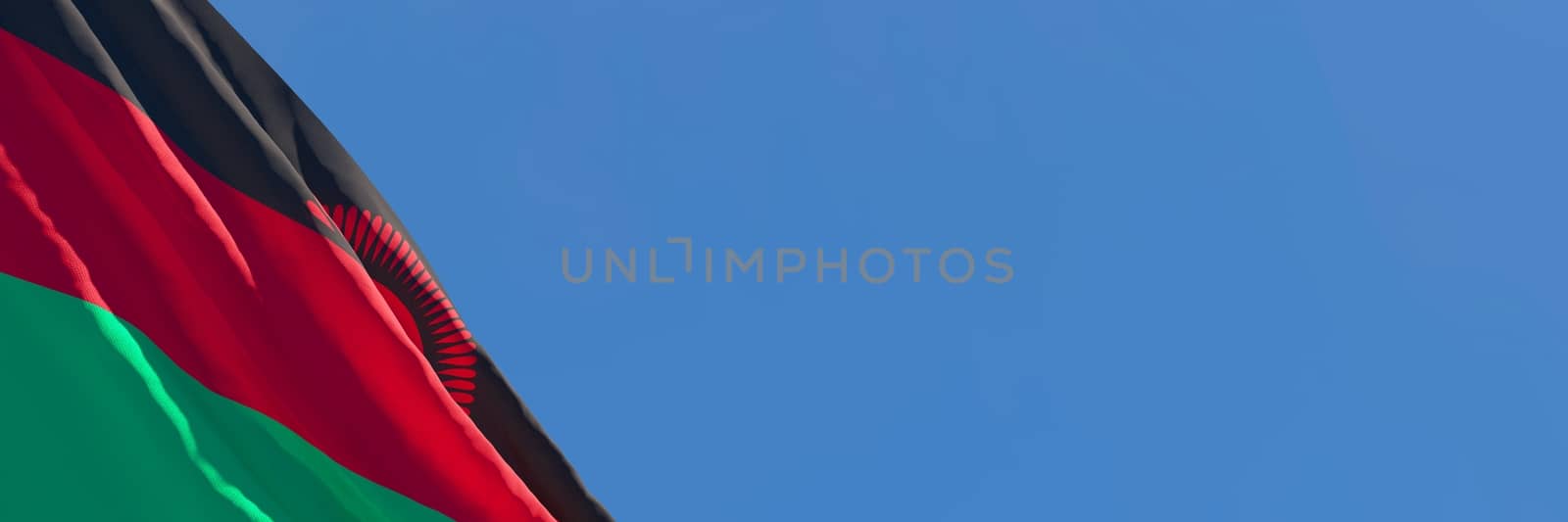 3D rendering of the national flag of Malawi waving in the wind against a blue sky