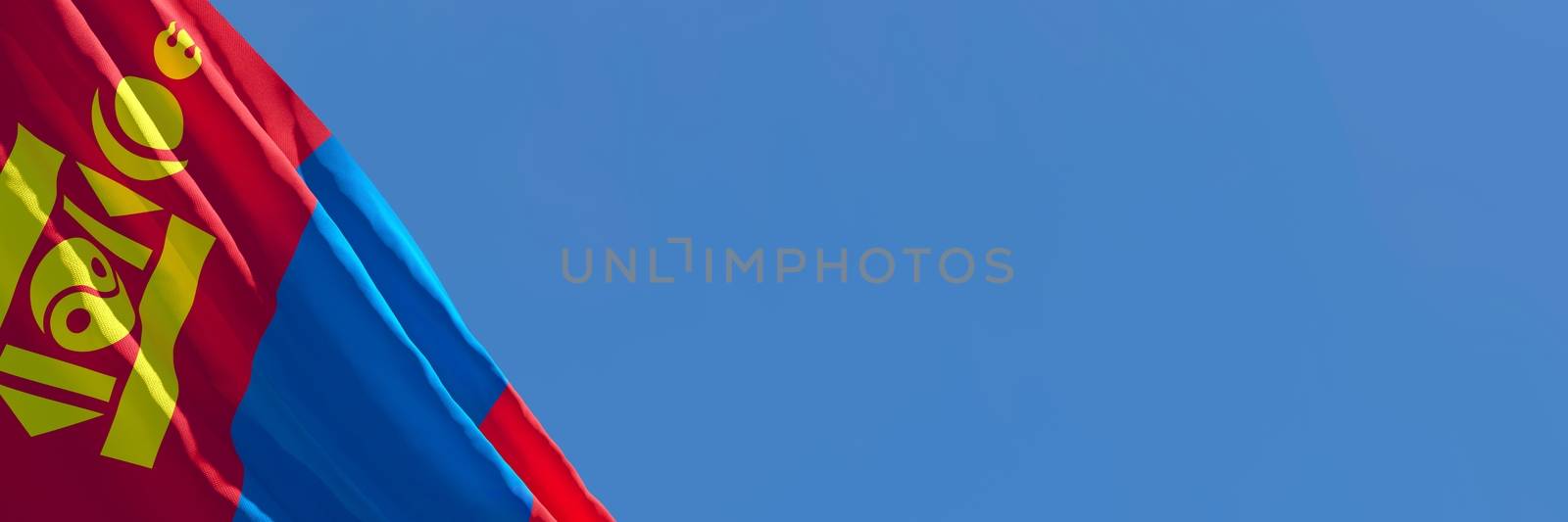 3D rendering of the national flag of Mongolia waving in the wind against a blue sky