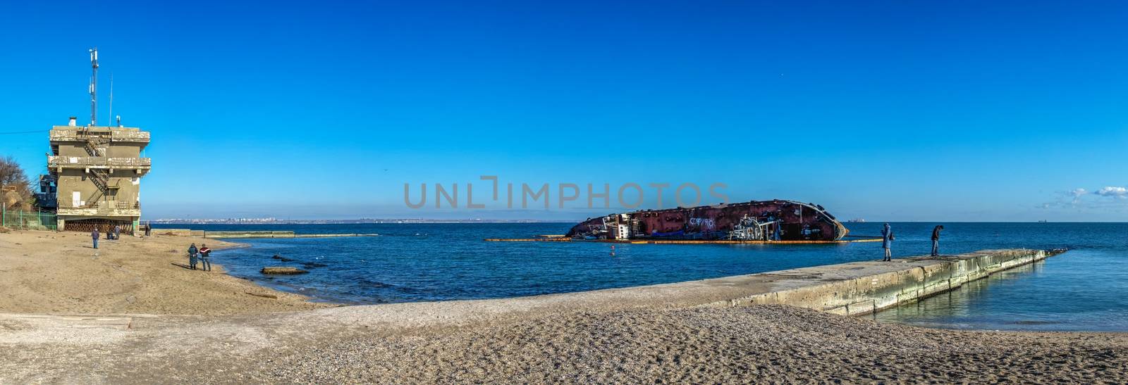 Panoramic sea view with grounded tanker in Odessa, Ukraine by Multipedia