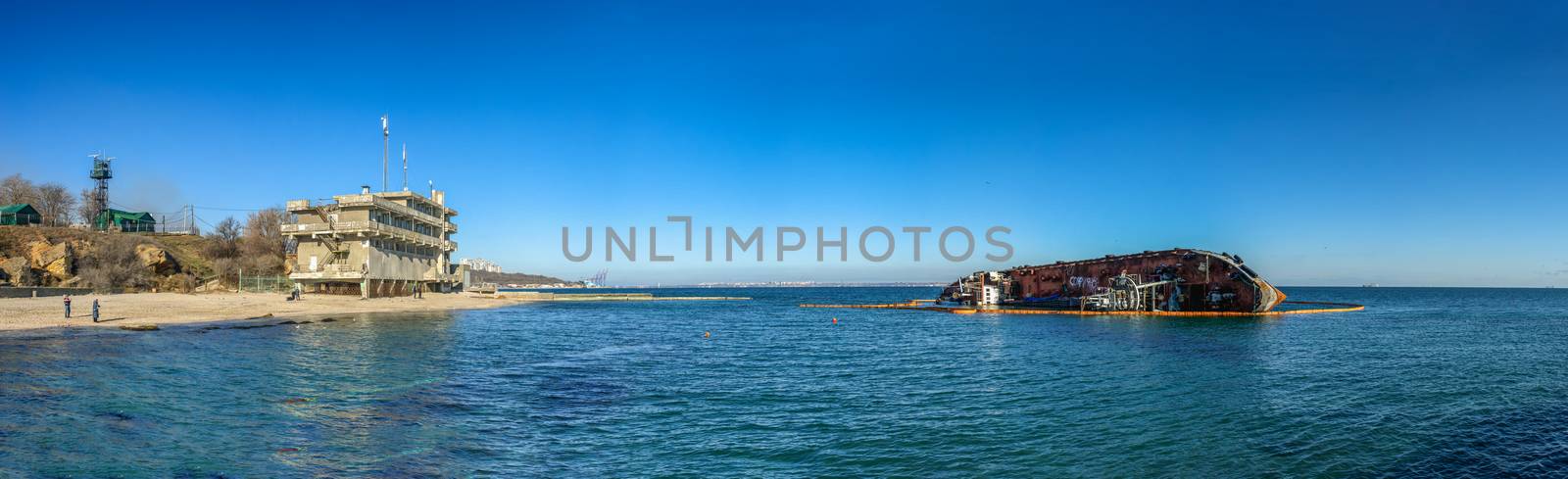 Panoramic sea view with grounded tanker in Odessa, Ukraine by Multipedia