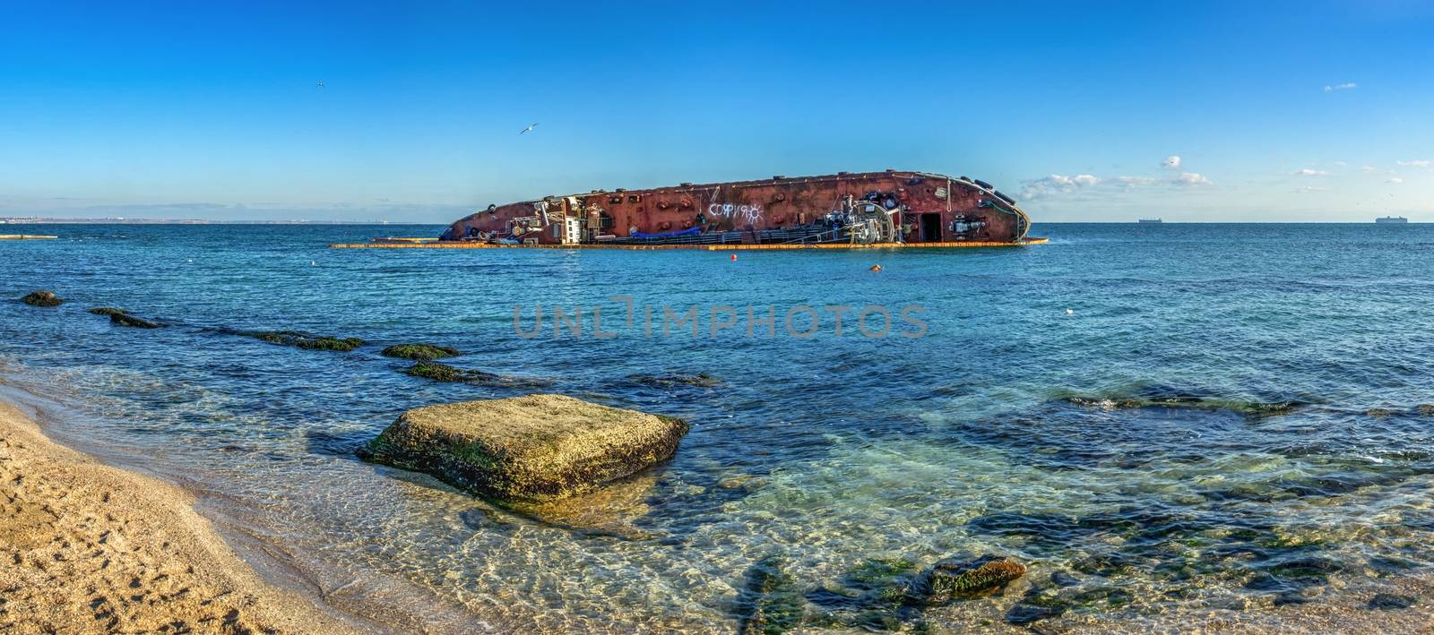 Odessa, Ukraine 12.04.2019. The wreck of a small tanker `DELFI` off the coast of Odessa on a sunny winter day