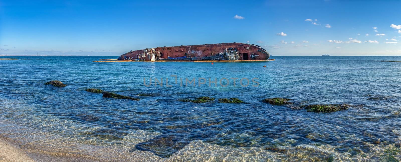 Odessa, Ukraine 12.04.2019. Panoramic sea view with grounded tanker off the coast of Odessa, on a sunny winter day