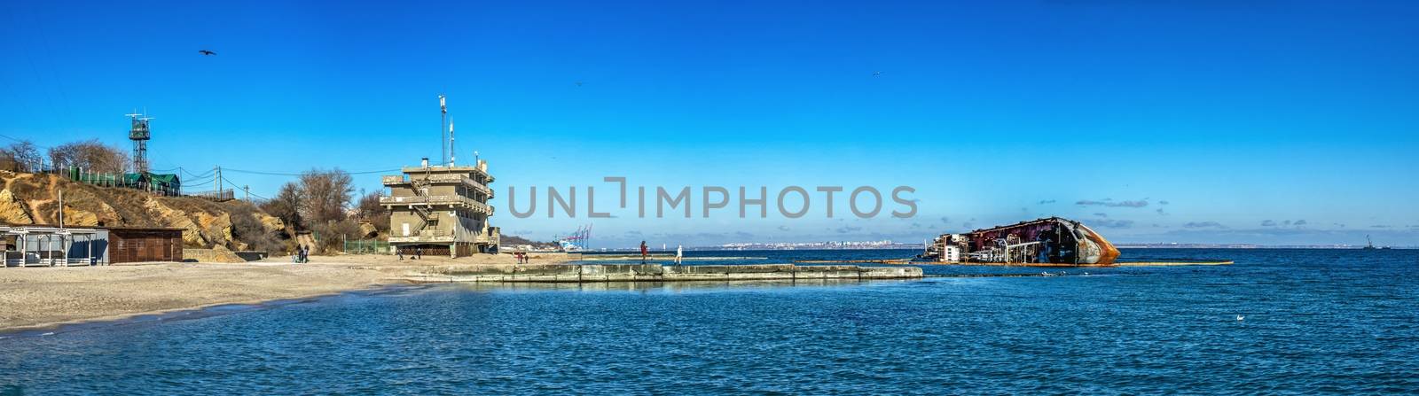 Odessa, Ukraine 12.04.2019. Panoramic sea view with grounded tanker off the coast of Odessa, on a sunny winter day