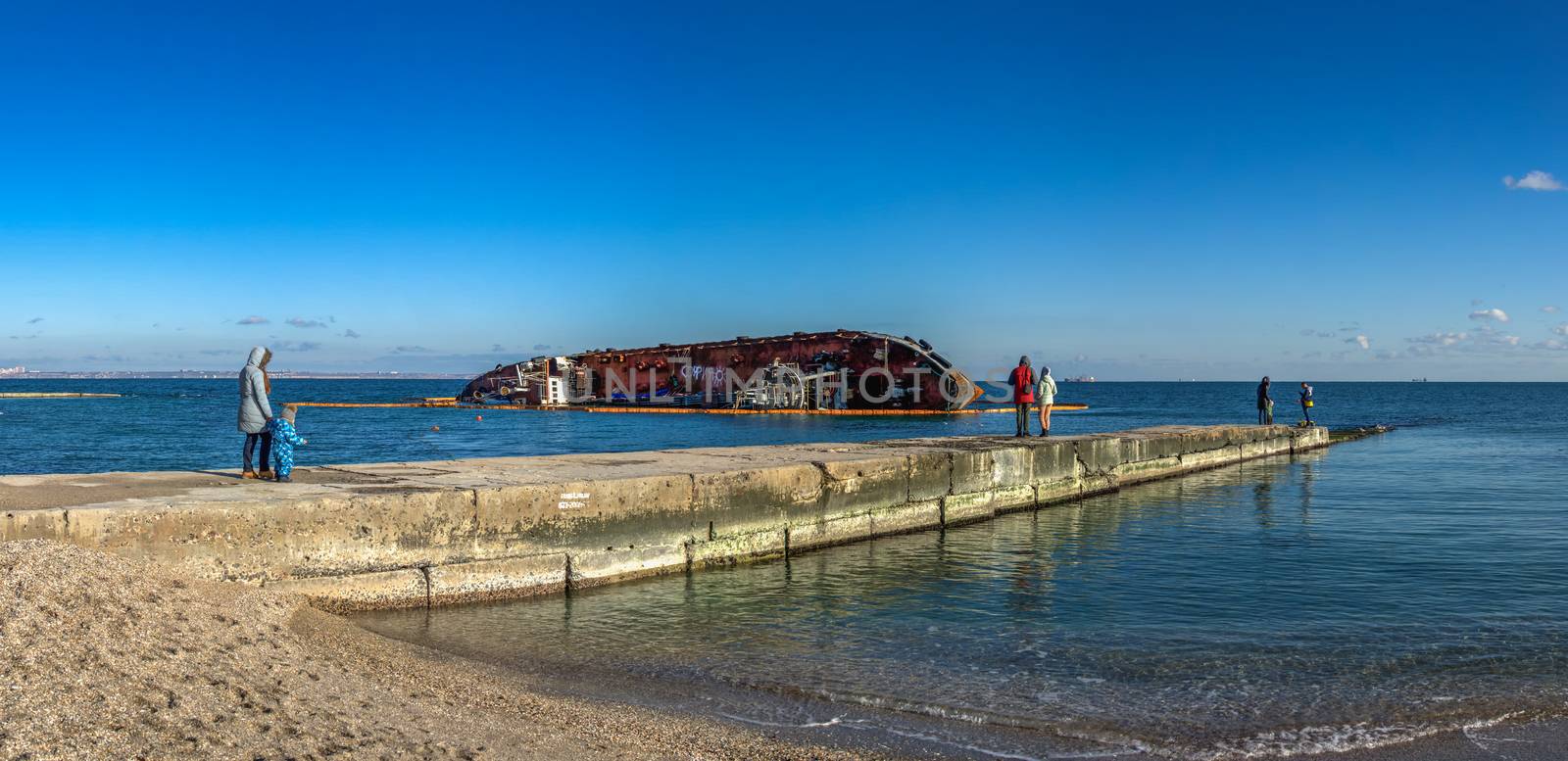 Odessa, Ukraine 12.04.2019. The wreck of a small tanker `DELFI` off the coast of Odessa on a sunny winter day