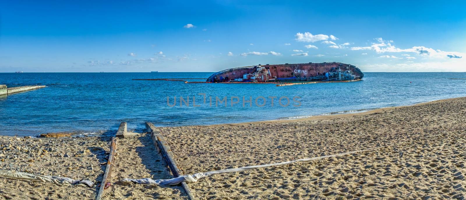 Panoramic sea view with grounded tanker in Odessa, Ukraine by Multipedia