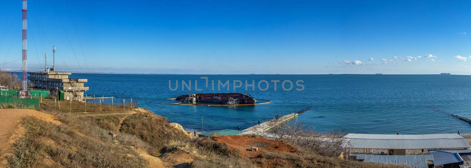 Odessa, Ukraine 12.04.2019. The wreck of a small tanker `DELFI` off the coast of Odessa on a sunny winter day