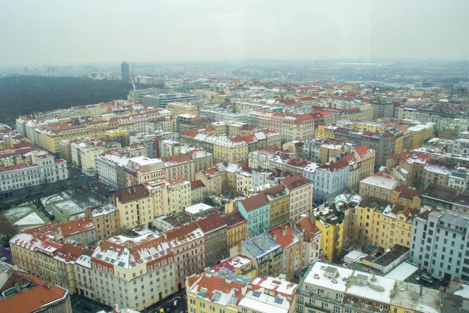 Prague winter cityscape during a grey day, with view on residential apartment buildings. Travel and tourism.