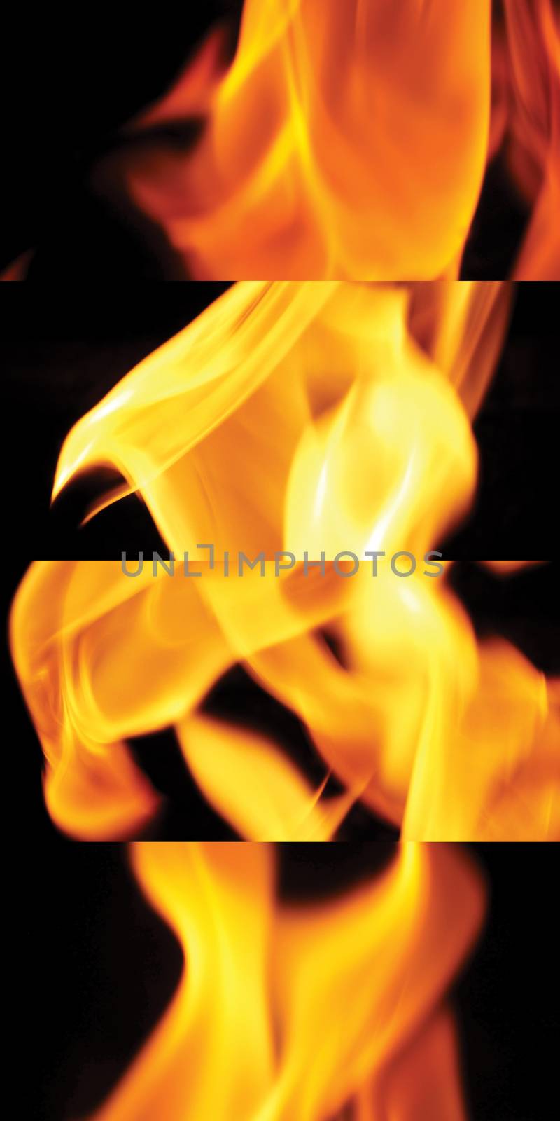 Fire for cooking is blazing dangerously close-up and yellow color on the black background.