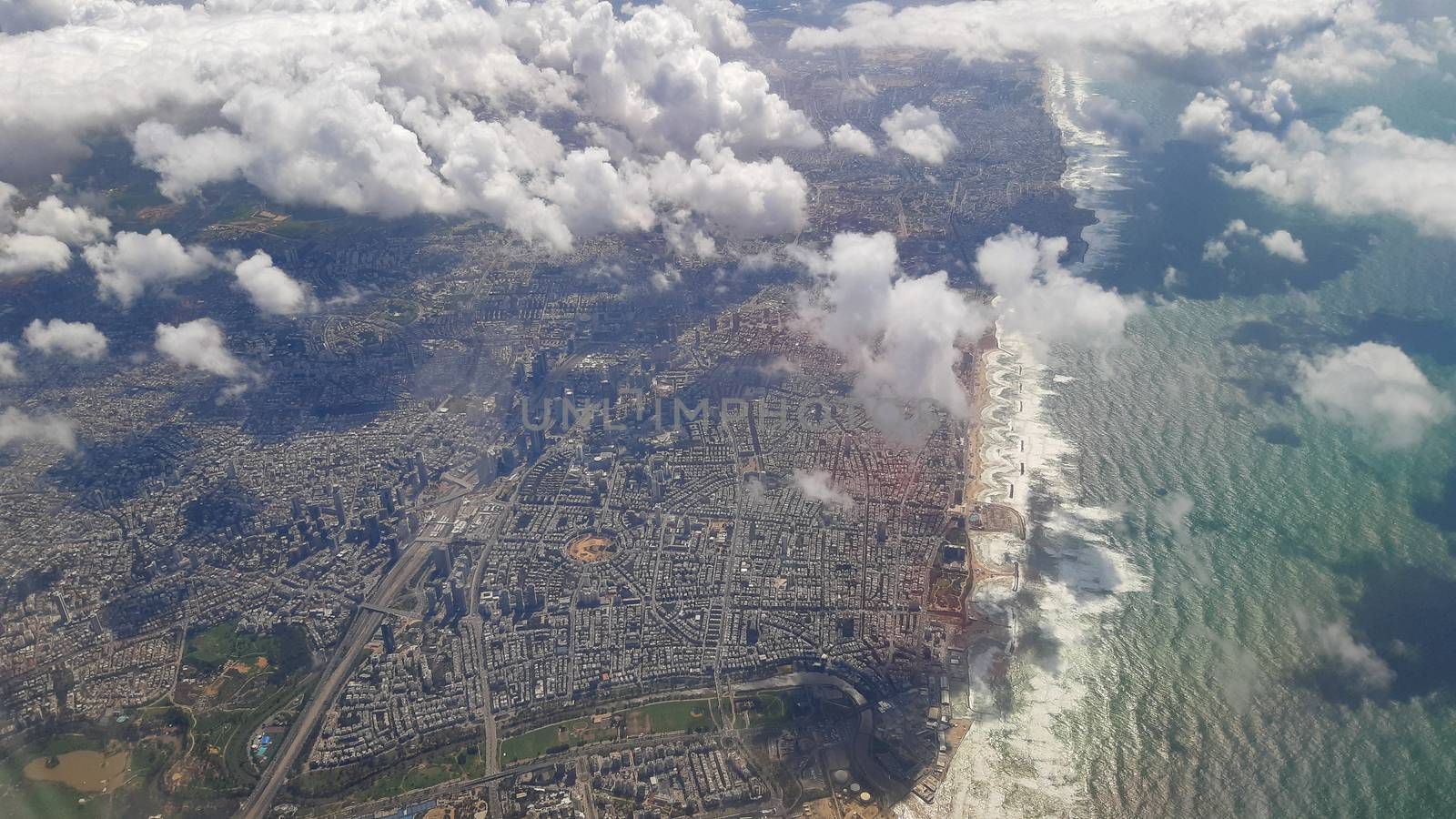 High angle Aerial of Tel Aviv in Israel, with beach and HaZafon HaChadash visible by kb79