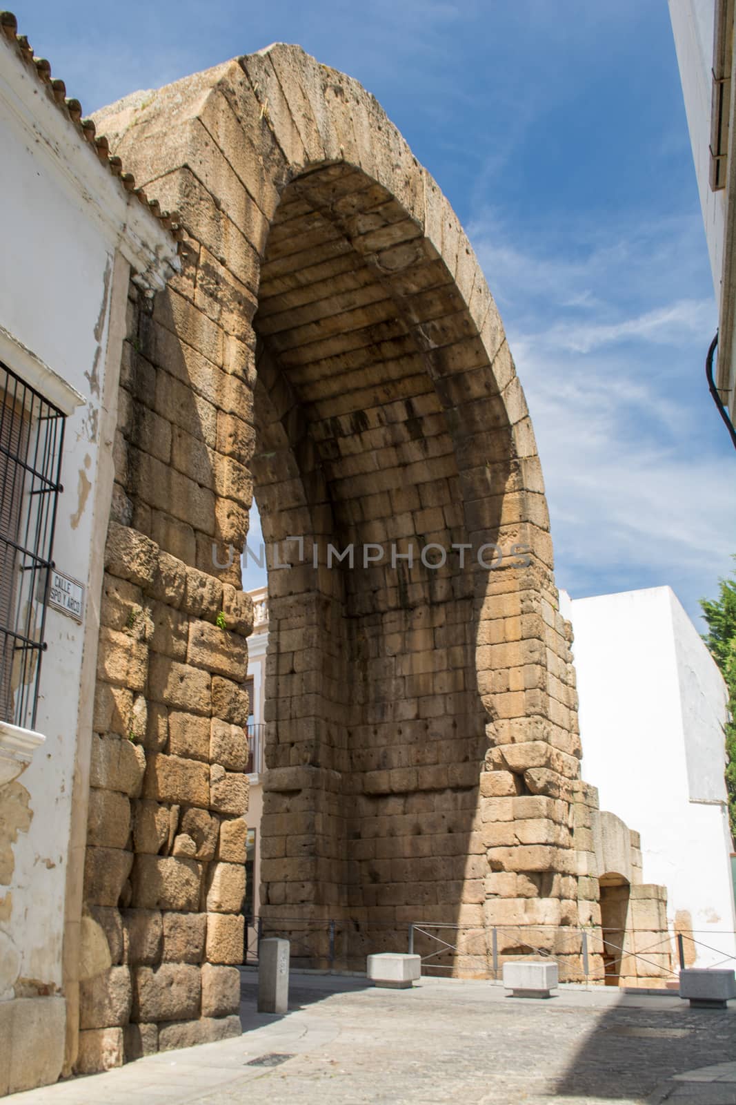 Merida, Spain, April 2017: Trajan Archor or Arco de Trajano in Merida, Spain