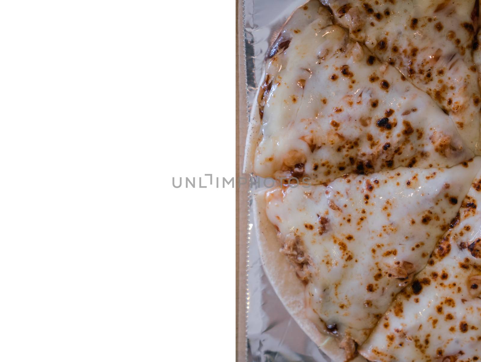 Pizza cheese with copy space on isolated white