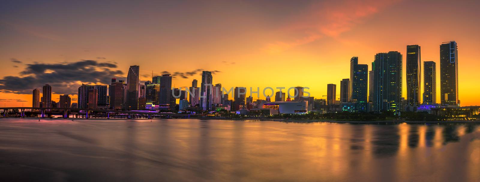 Sunset above Downtown Miami Skyline and Biscayne Bay by nickfox