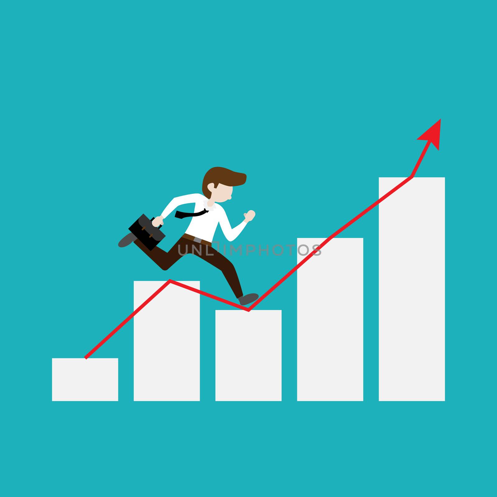 Business success concept. Businessman run and jump to goal on the red line graph and white bar chart, career growth, move up motivation.