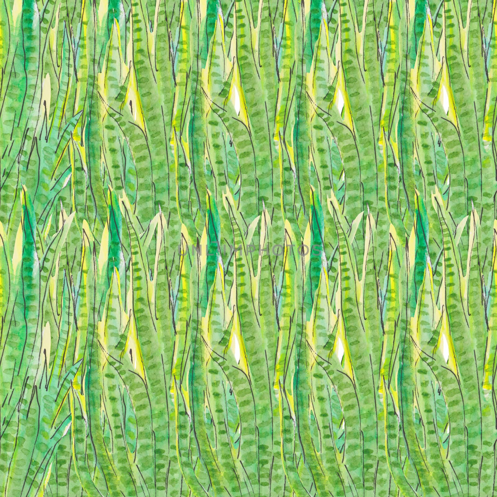 Green grass seamless pattern. Hand drawn illustration. Abstract grunge texture background. Watercolor wallpaper.