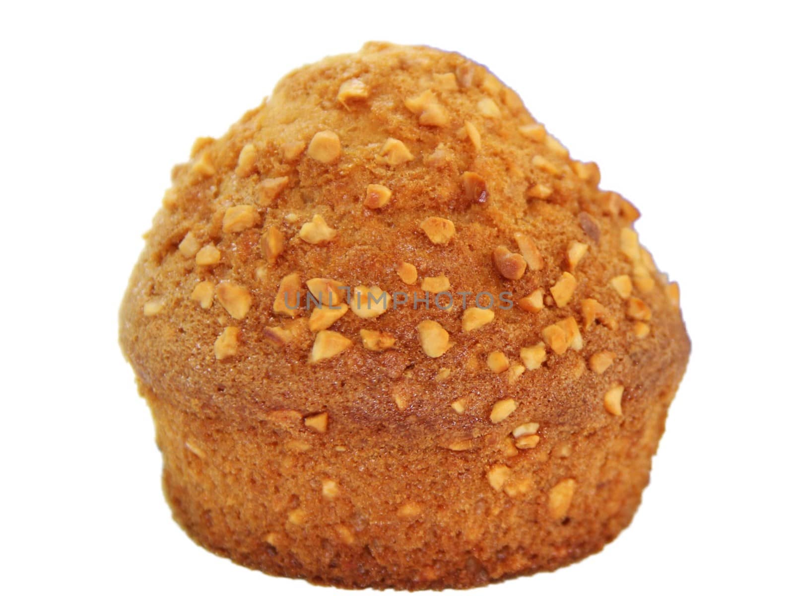 Closeup of a muffin with nuts isolated on white background.