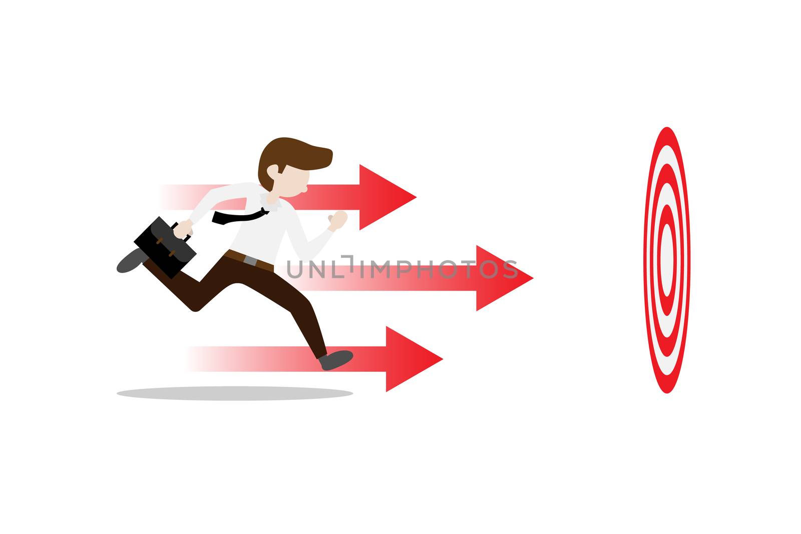 Business success concept. Businessman run to goal with dartboard and red arrow, career growth, move up motivation.