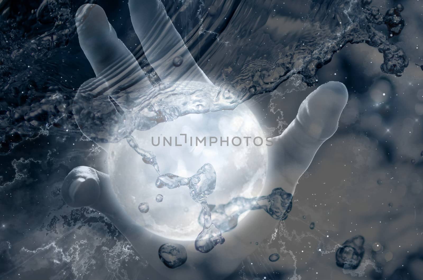 Photo montage of the man holding the moon in the palm of his hand and the droplets of water. High quality photo